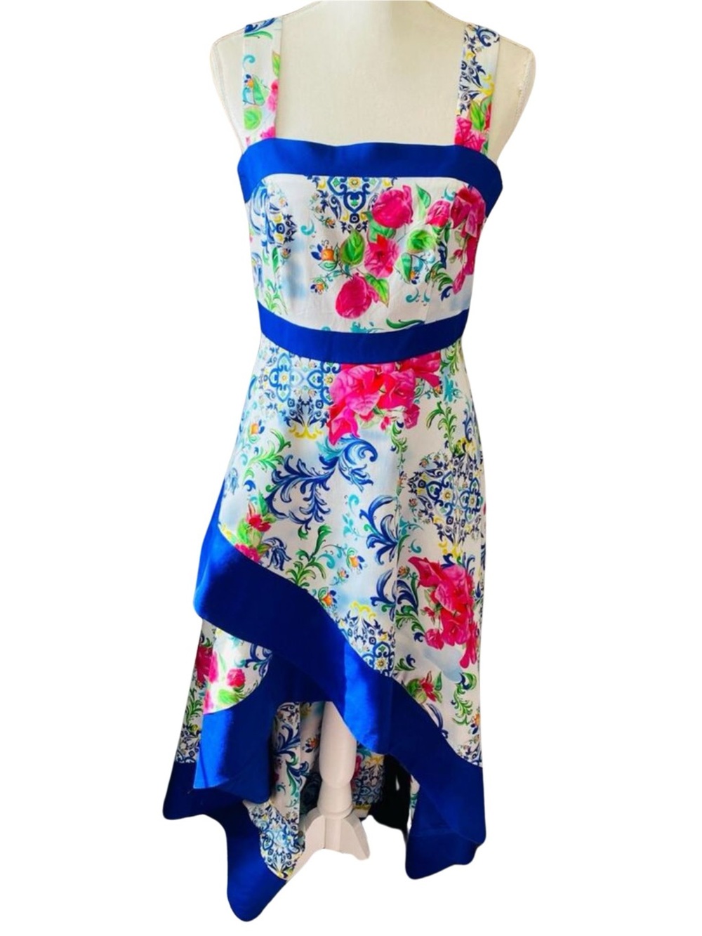 Boston Proper Capri Tile Blue and White Floral Print Square Neck High-Low Dress